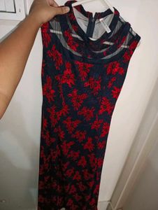 Elegant Navy Blue &amp; Red Floral Long Dress