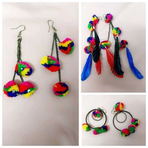 Pack Of 3 Colourful Pom Hanging Earings