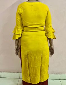 Yellow Bell-Sleeve Kurti - Bead Work - Size L