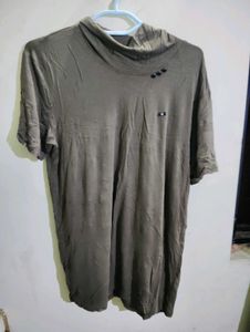 Olive Green Turtleneck Tee with Button Detail