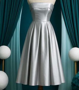 Elegant Silver Strapless Midi Dress