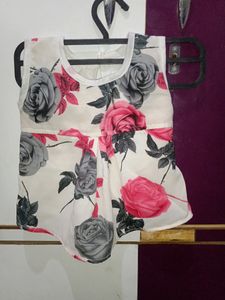 White Floral Top With Denim Skirt
