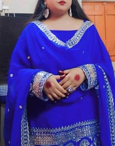 Royal Blue Embroidered sharara suit with dupatta.