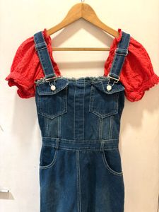 Red Eyelet Puff Sleeve Crop Top And Denim Dress