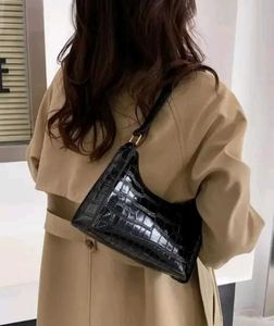 Black Croc Embossed Shoulder Bag