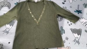 Olive Green Ribbed Button-Front Top