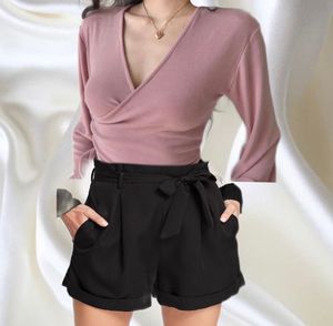 Pink Wrap Top & Black High-Waisted Shorts Set