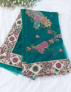 Floral-Paisley Embroidered Teal Green Net Saree