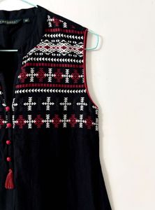 Embroidered Sleeveless Black Kurti