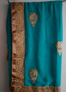 Teal & Gold Embroidered Saree
