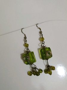 Green Glass Bead Dangle Earrings