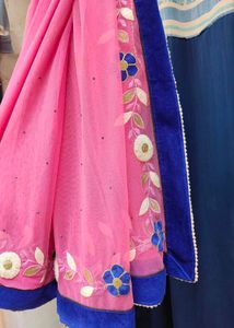Pink Net Saree with Floral Embroidery