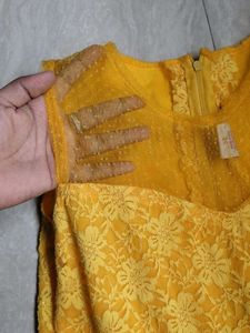 Golden Gown With Beautiful Net And Mirror Work