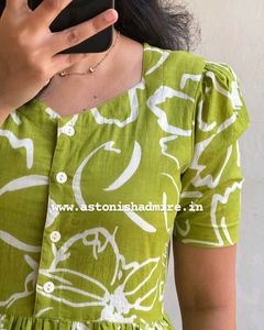 Title:🌿 Elegant Lime Green Floral Cotton Dress 🌸