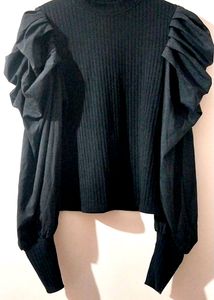 Black Puff Shoulder Semi Woolen Top