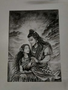 Lord Shiv Parwati Charcoal Drawing