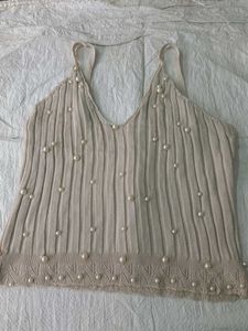 Pearl Embellished Knit Halter Top