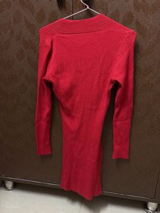 Red Ribbed V-Neck Mini Dress