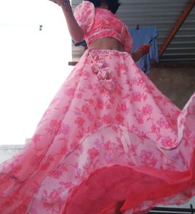 Pink Frill Lehnga And Puf Sleeves Blouse