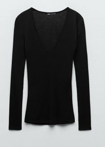 zara ribbed Black Long Sleeve V-Neck Top