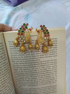 Golden Peacock Jhumkis With Red And Green Bead Detailing