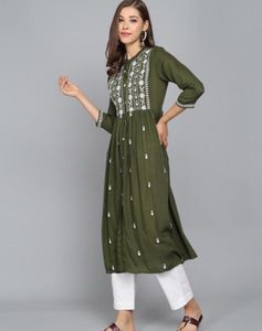 Olive Green Embroidered Kurta