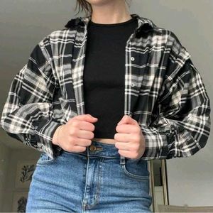 Black & White Plaid Cropped Flannel Shirt