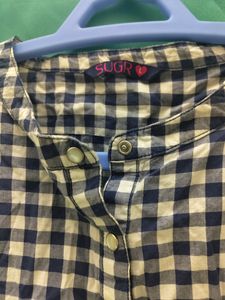 Navy Blue And White Checked Short Top