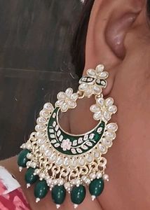 Emerald Green Kundan Chandbali Earrings