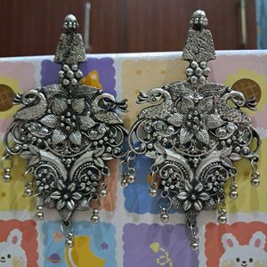 Vintage Silver Peacock Drop Earrings