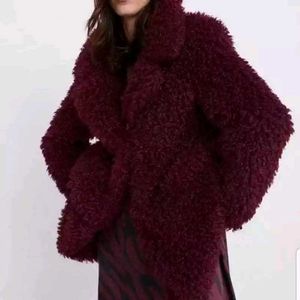 Zara Burgundy Faux Fur Overcoat