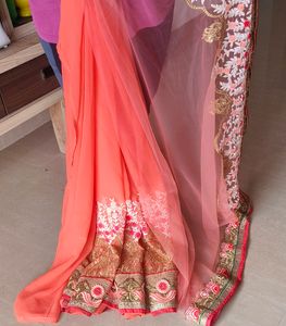 Orange &amp; Gold Half Net and Georgette Saree