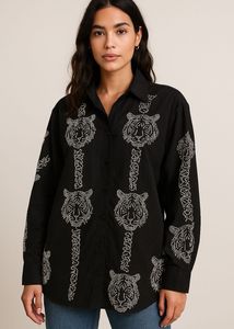 black oversized button-up shirt.