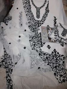Elegant White &amp; Black Embroidered Salwar Kameez