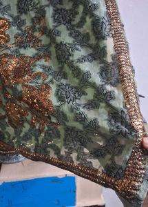 tissue type olive green chamki work saree
