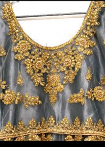 Elegant Grey &amp; Gold Embroidered Fabric