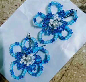 Blue Beaded Flower Earrings
