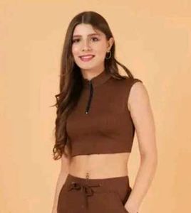 Brown Sleeveless Crop Polo Collar Top