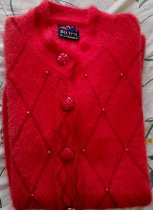 Red Fuzzy Button Cardigan