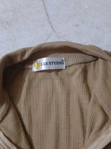 Tan Half-Zip Ribbed Top