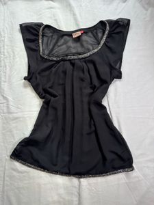 Embellished mesh black top