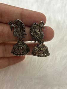 Peacock Silver Oxidized Jhumka Earrings