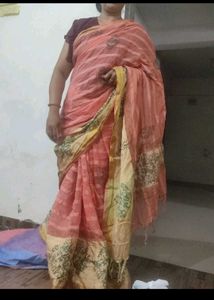 Cotton Peach Colour Saree With Readymade Blouse