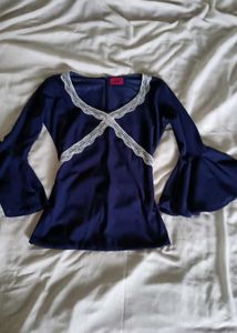 Navy Blue Lace Trim Bell Sleeve Top