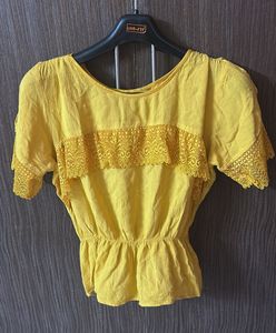 Yellow Lace Trim Peplum Top