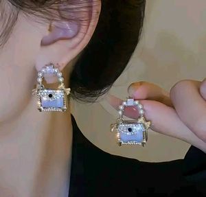 Western Cute Pearl Zircon Handbag Shape Earrings F