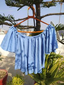 Blue Off-Shoulder Flared Sleeve Top