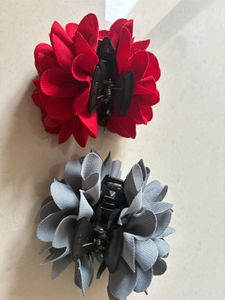 Hair Flower Clips - Red &amp; Gray