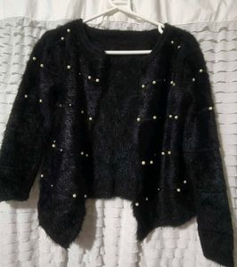 Black Fuzzy Pearl Cardigan