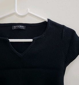 Black Ribbed V-Neck Top